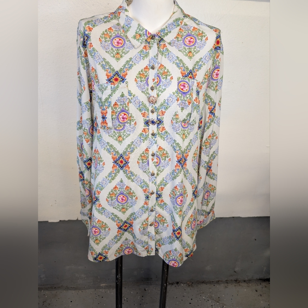 Vintage Top Bold Bohemian Hippie Style Two Rhinestone Buttons Sz S NWT - Picture 2 of 5